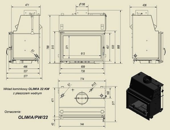 Топка с водяным контуром OLIWIA/PW/22/GLASS, двойное стекло_1 Топка с водяным контуром OLIWIA/PW/22/GLASS, двойное стекло_1