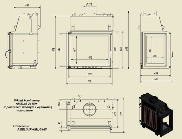 Топка с водяным контуром AMELIA/PW/BL/24/W/Z, стекло слева, змеевик_2 Топка с водяным контуром AMELIA/PW/BL/24/W/Z, стекло слева, змеевик_2
