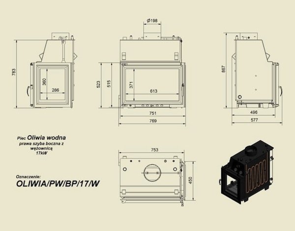 Топка с водяным контуром OLIWIA/PW/BP/17/W/Z, стекло справа, змеевик_1 Топка с водяным контуром OLIWIA/PW/BP/17/W/Z, стекло справа, змеевик_1