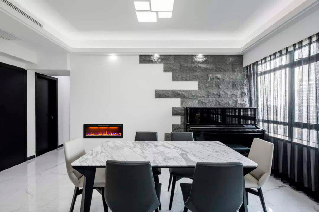 Электрокамин в интерьере столовой